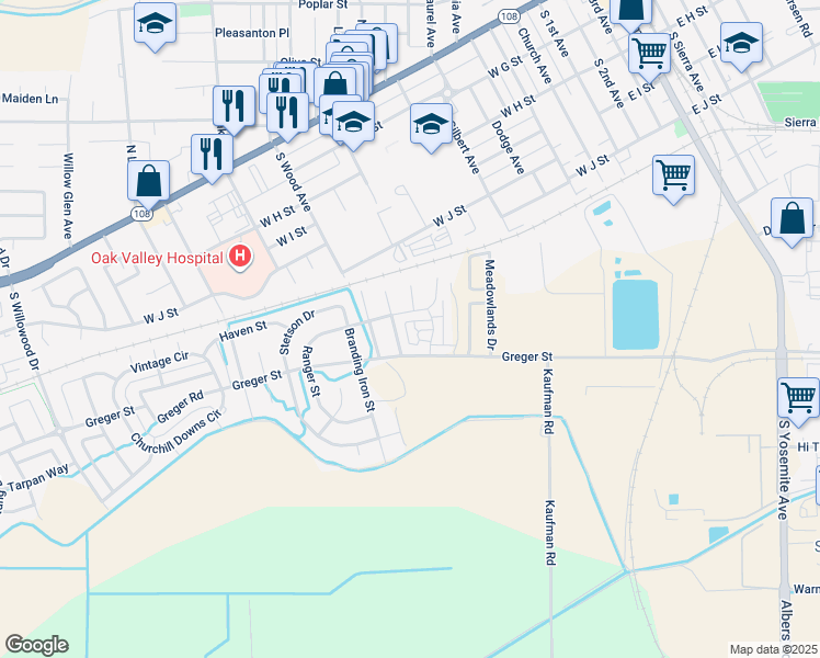 map of restaurants, bars, coffee shops, grocery stores, and more near 566 Latigo Drive in Oakdale