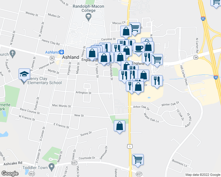 map of restaurants, bars, coffee shops, grocery stores, and more near 210 Randolph Street in Ashland