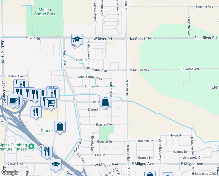 map of restaurants, bars, coffee shops, grocery stores, and more near 195 Haller Court in Ripon