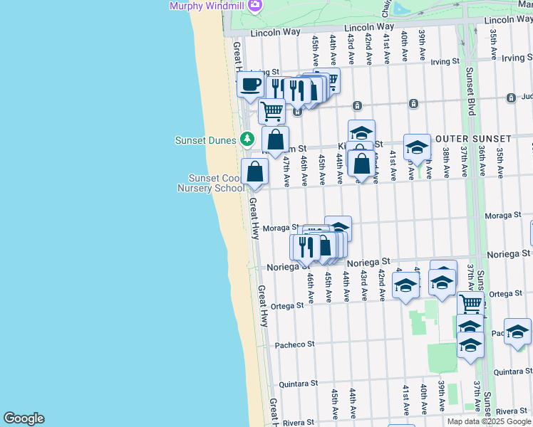 map of restaurants, bars, coffee shops, grocery stores, and more near 1685 48th Avenue in San Francisco