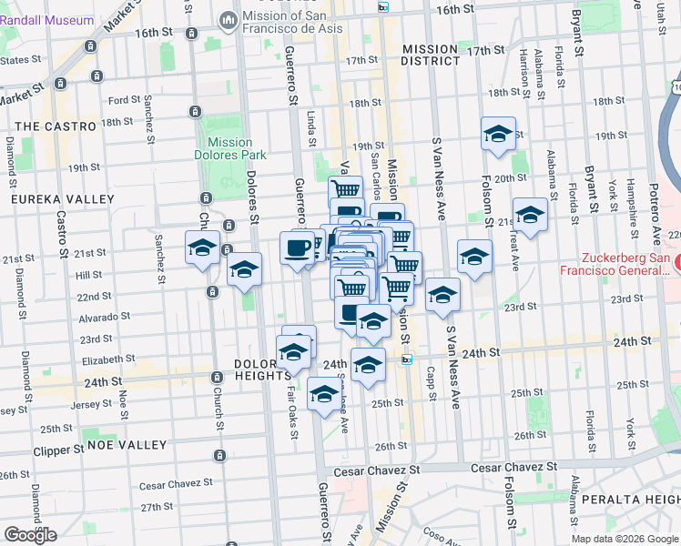 map of restaurants, bars, coffee shops, grocery stores, and more near 3320 22nd Street in San Francisco