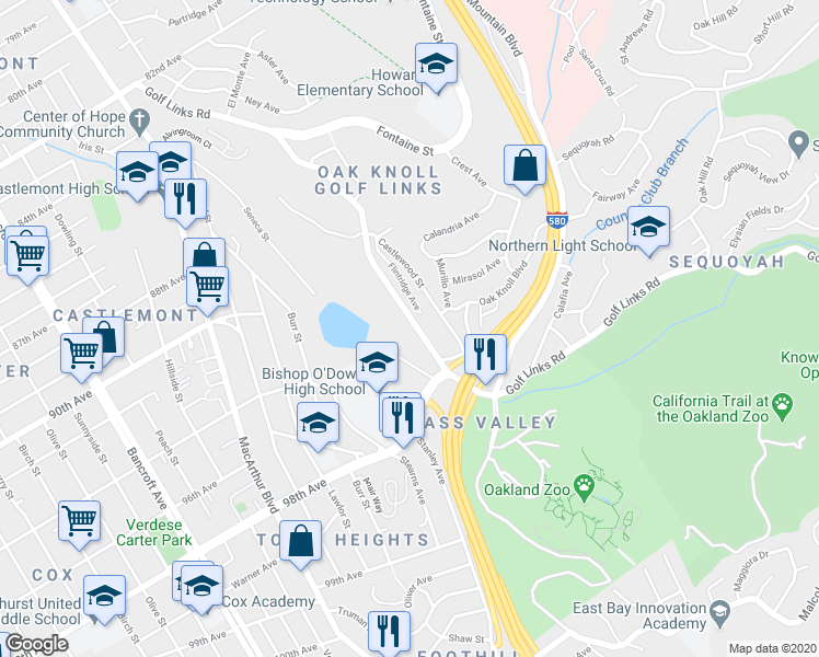 map of restaurants, bars, coffee shops, grocery stores, and more near 9401 Golf Links Road in Oakland