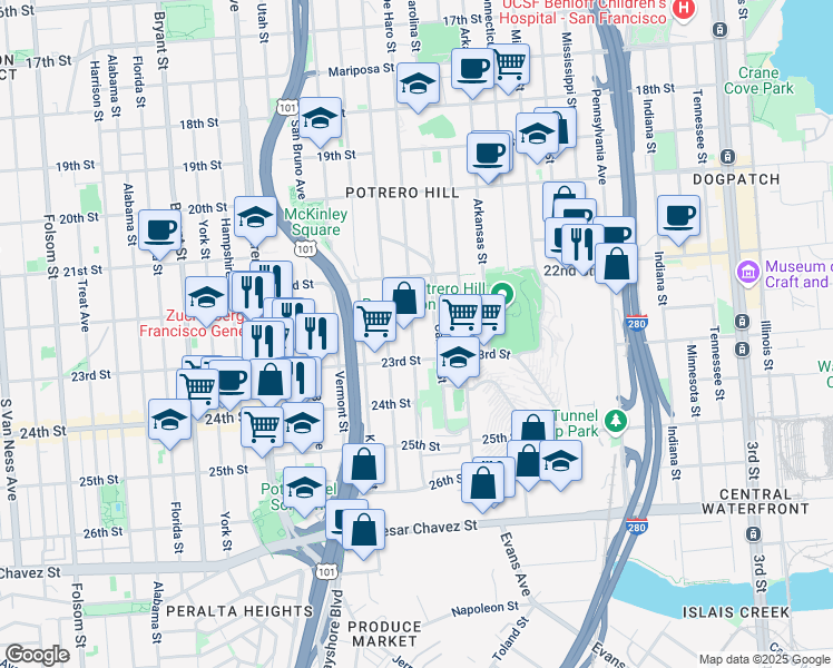 map of restaurants, bars, coffee shops, grocery stores, and more near 1139 De Haro Street in San Francisco