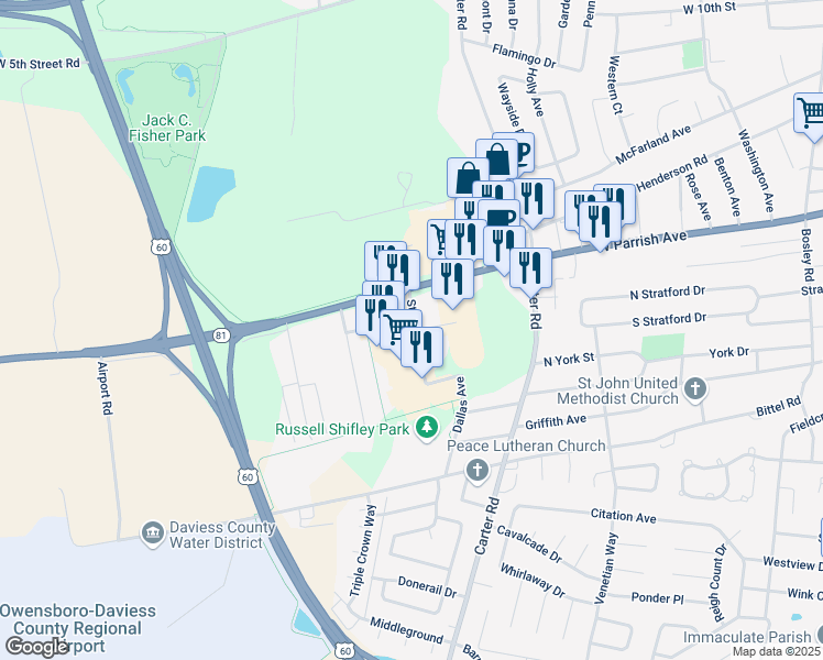 map of restaurants, bars, coffee shops, grocery stores, and more near 1671 Starlite Drive in Owensboro