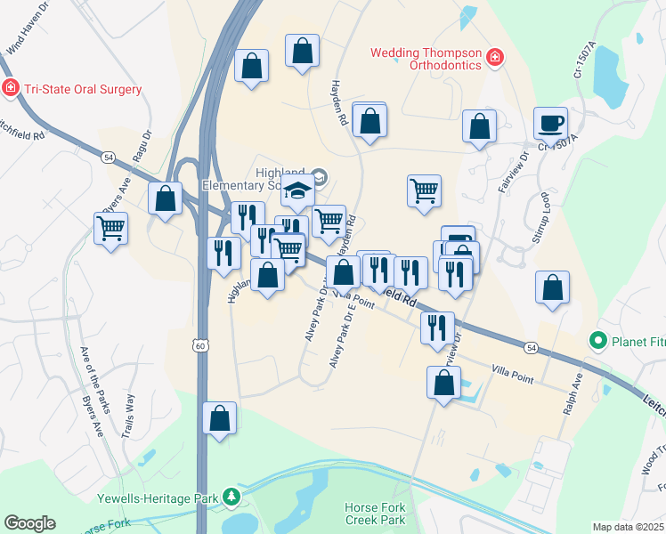 map of restaurants, bars, coffee shops, grocery stores, and more near 3001 Leitchfield Road in Owensboro