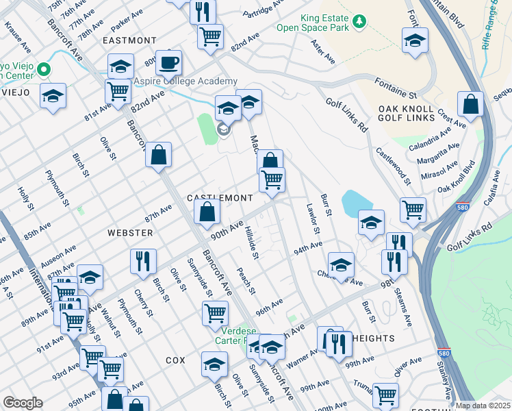 map of restaurants, bars, coffee shops, grocery stores, and more near 2407 90th Avenue in Oakland
