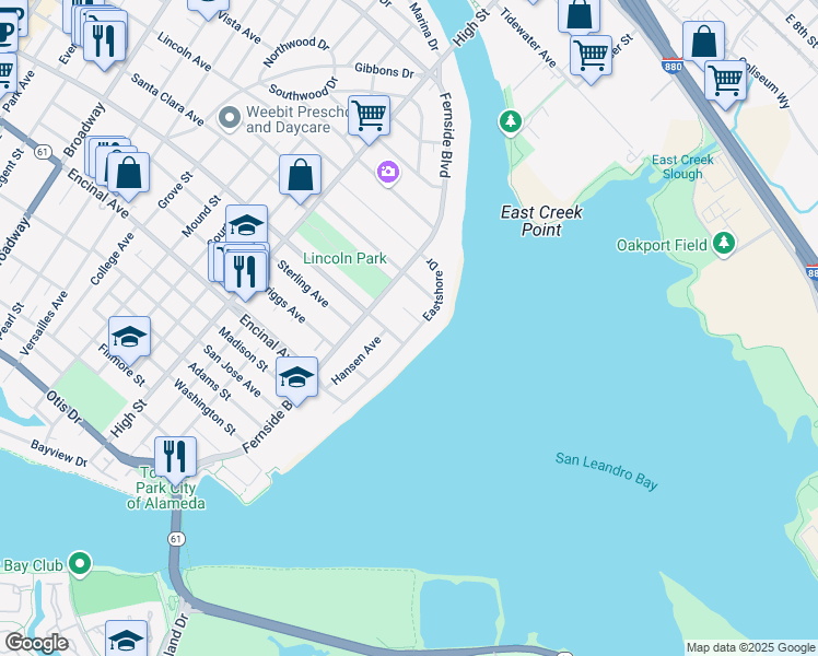 map of restaurants, bars, coffee shops, grocery stores, and more near 1431 Eastshore Drive in Alameda