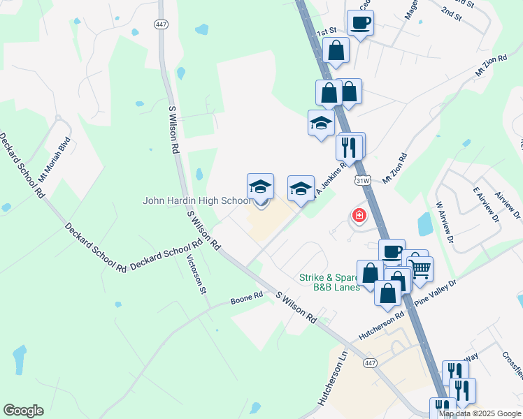 map of restaurants, bars, coffee shops, grocery stores, and more near 384 West A Jenkins Road in Elizabethtown