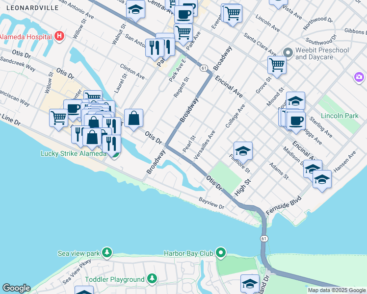 map of restaurants, bars, coffee shops, grocery stores, and more near 975 Pearl Street in Alameda