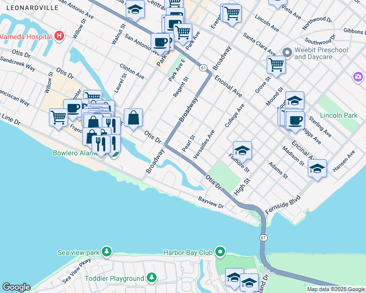 map of restaurants, bars, coffee shops, grocery stores, and more near 975 Pearl Street in Alameda