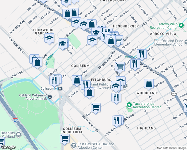 map of restaurants, bars, coffee shops, grocery stores, and more near 1001 75th Avenue in Oakland