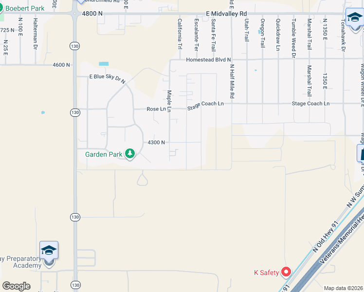 map of restaurants, bars, coffee shops, grocery stores, and more near 4297 Prospector Lane in Cedar City