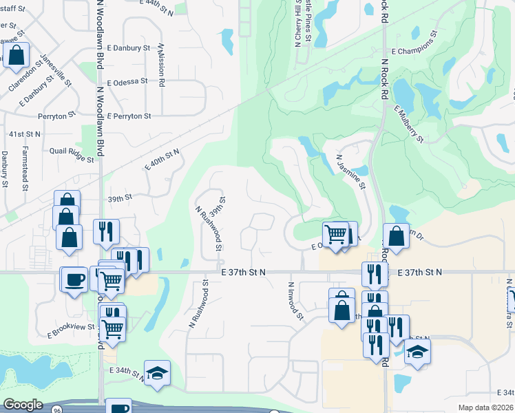 map of restaurants, bars, coffee shops, grocery stores, and more near 7309 East Cedaridge Circle in Wichita