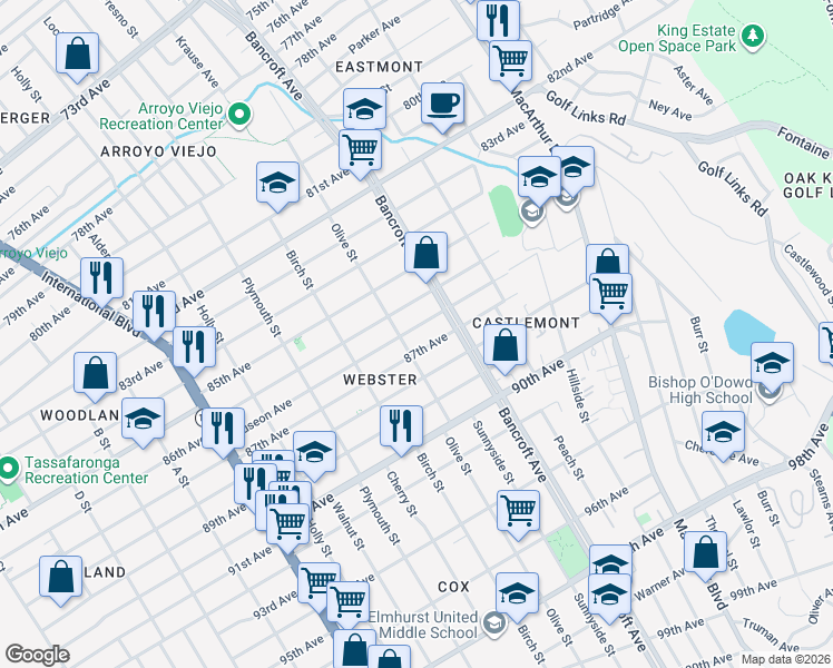 map of restaurants, bars, coffee shops, grocery stores, and more near 2001 87th Avenue in Oakland