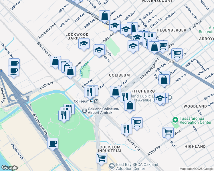 map of restaurants, bars, coffee shops, grocery stores, and more near 902 72nd Avenue in Oakland