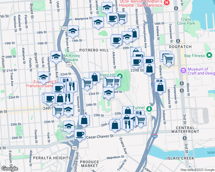 map of restaurants, bars, coffee shops, grocery stores, and more near 999 Wisconsin Street in San Francisco