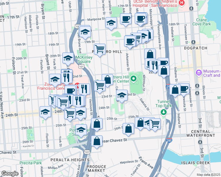 map of restaurants, bars, coffee shops, grocery stores, and more near 1074 Carolina Street in San Francisco