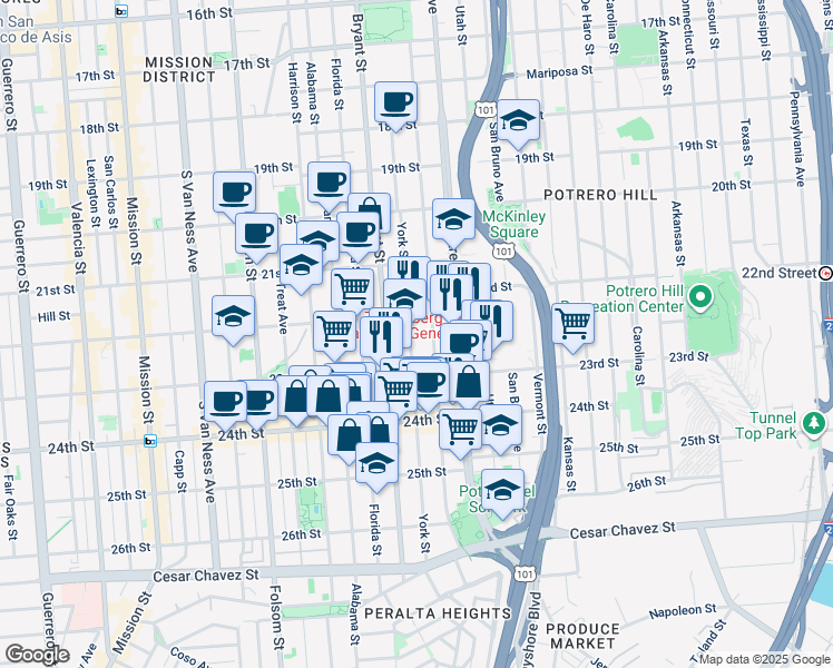 map of restaurants, bars, coffee shops, grocery stores, and more near 1075 Hampshire Street in San Francisco