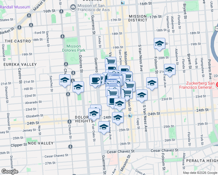map of restaurants, bars, coffee shops, grocery stores, and more near 1118 Valencia Street in San Francisco