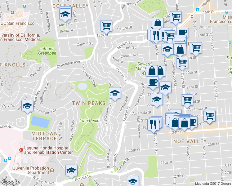 map of restaurants, bars, coffee shops, grocery stores, and more near 443 Burnett Avenue in San Francisco