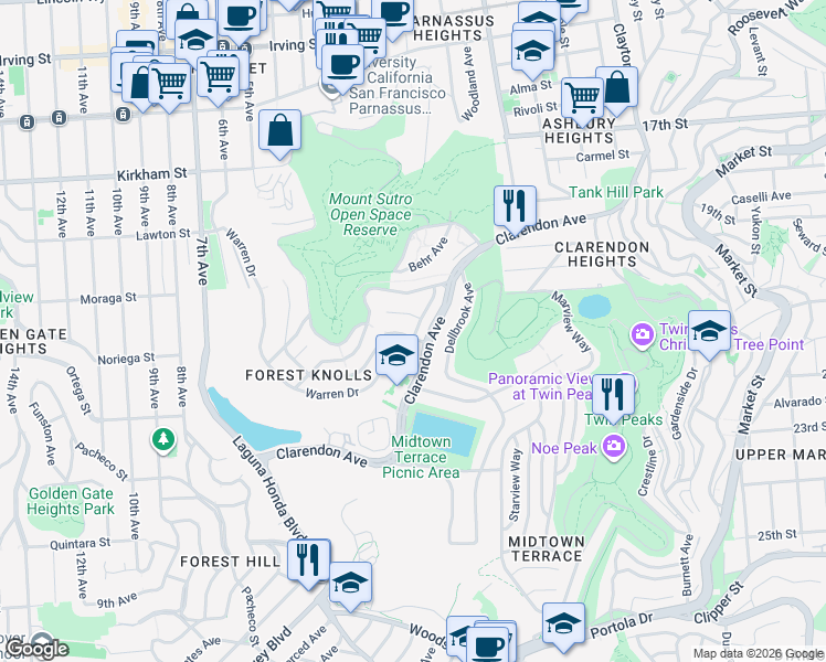 map of restaurants, bars, coffee shops, grocery stores, and more near 111 Forest Knolls Drive in San Francisco