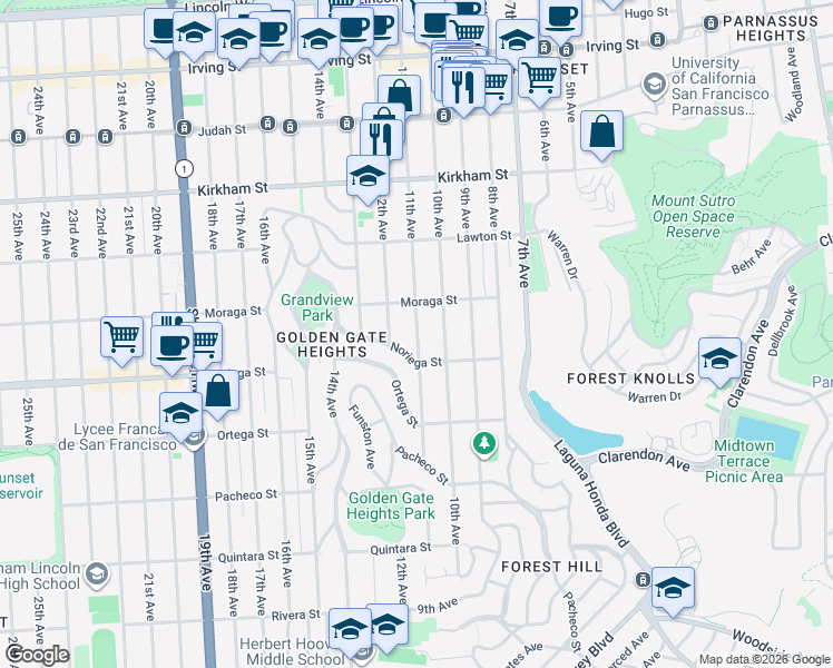 map of restaurants, bars, coffee shops, grocery stores, and more near 1780 11th Avenue in San Francisco