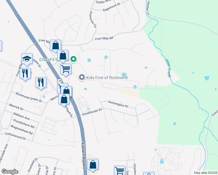 map of restaurants, bars, coffee shops, grocery stores, and more near 109 Kensington Place in Richmond