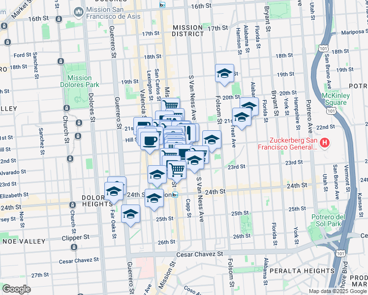 map of restaurants, bars, coffee shops, grocery stores, and more near 22nd St & Capp St in San Francisco