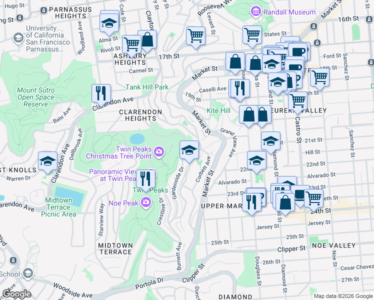 map of restaurants, bars, coffee shops, grocery stores, and more near Burnett Ave & Gardenside Dr in San Francisco