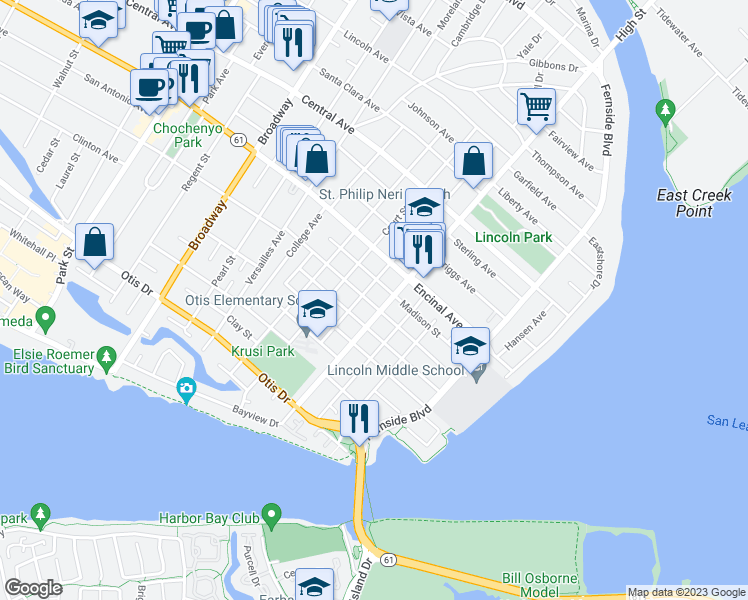 map of restaurants, bars, coffee shops, grocery stores, and more near 3115 San Jose Avenue in Alameda
