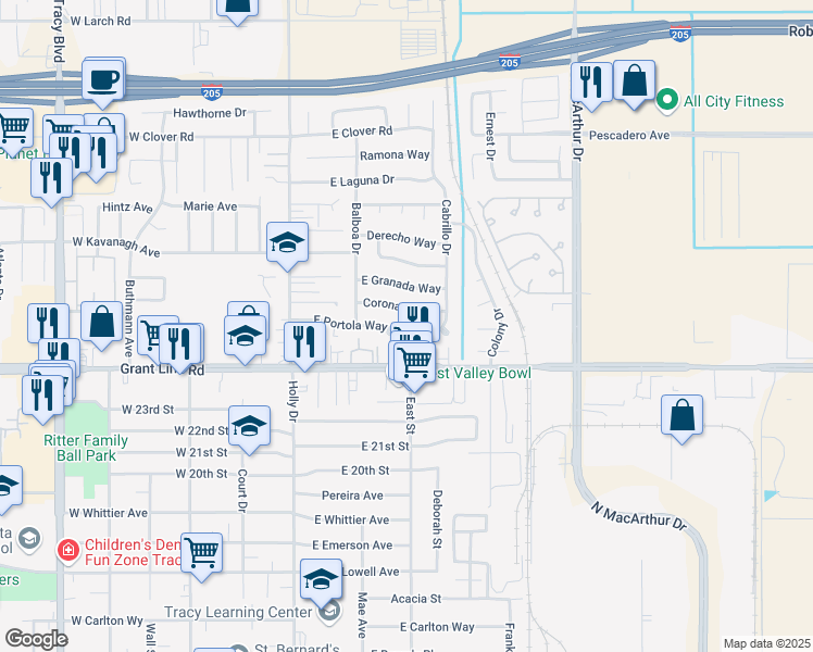 map of restaurants, bars, coffee shops, grocery stores, and more near 239 Portola Way in Tracy