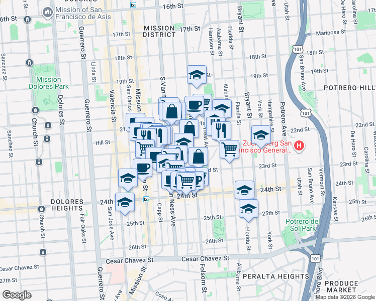 map of restaurants, bars, coffee shops, grocery stores, and more near 825 Shotwell Street in San Francisco