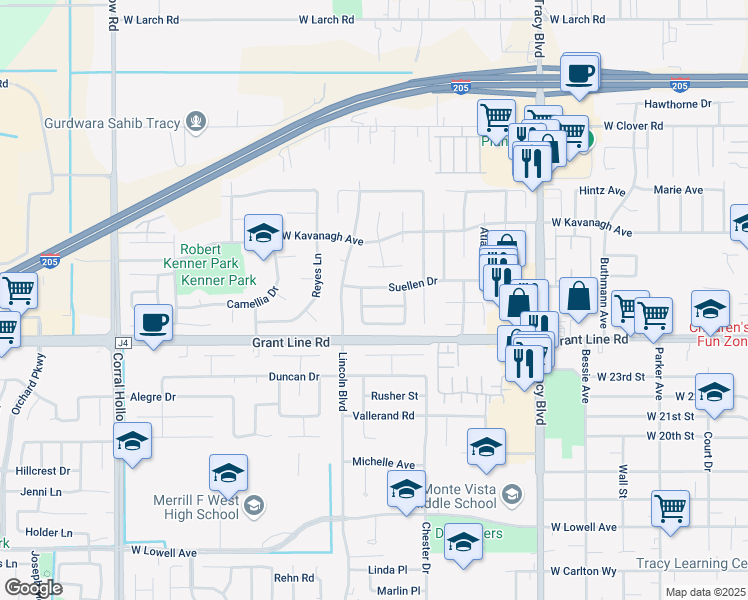 map of restaurants, bars, coffee shops, grocery stores, and more near 1435 Christina Drive in Tracy