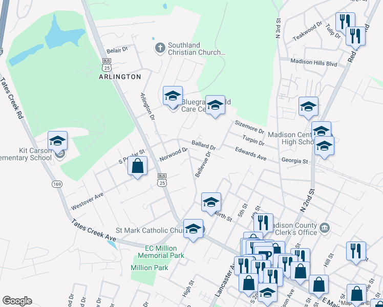 map of restaurants, bars, coffee shops, grocery stores, and more near 401 Norwood Drive in Richmond