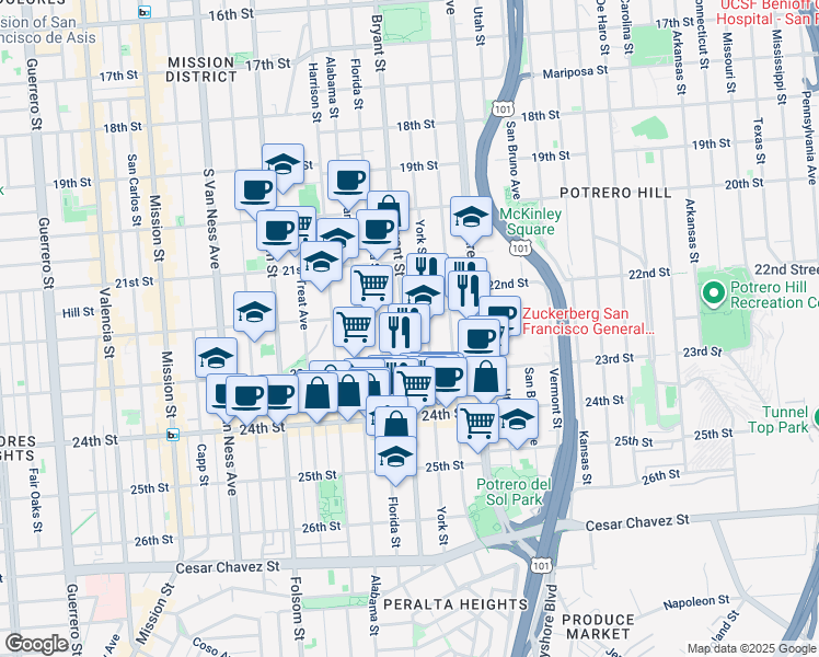 map of restaurants, bars, coffee shops, grocery stores, and more near 2433 Bryant Street in San Francisco