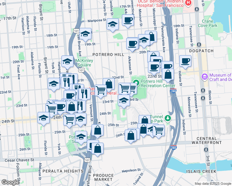 map of restaurants, bars, coffee shops, grocery stores, and more near 1074 Carolina Street in San Francisco