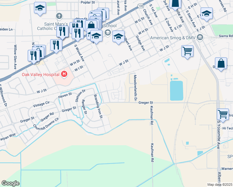 map of restaurants, bars, coffee shops, grocery stores, and more near 980 Silver Spur Circle in Oakdale