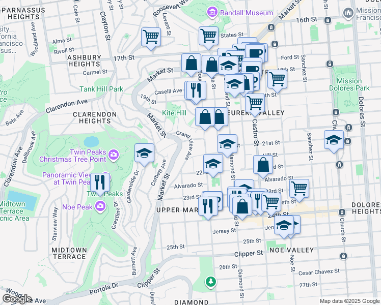map of restaurants, bars, coffee shops, grocery stores, and more near 163 Grand View Ave in San Francisco