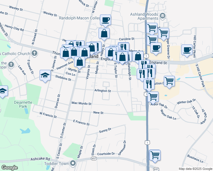 map of restaurants, bars, coffee shops, grocery stores, and more near 159 Arlington Square in Ashland