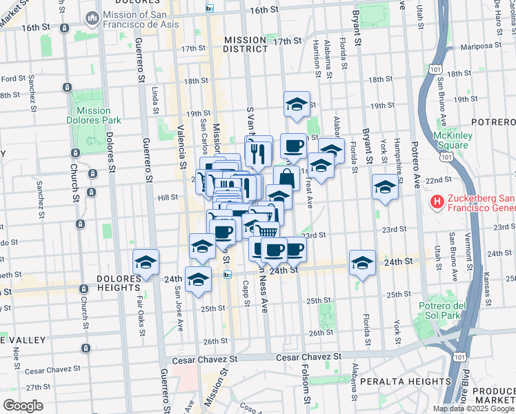map of restaurants, bars, coffee shops, grocery stores, and more near S Van Ness Ave & 22nd St in San Francisco