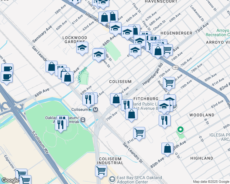 map of restaurants, bars, coffee shops, grocery stores, and more near 950 72nd Avenue in Oakland