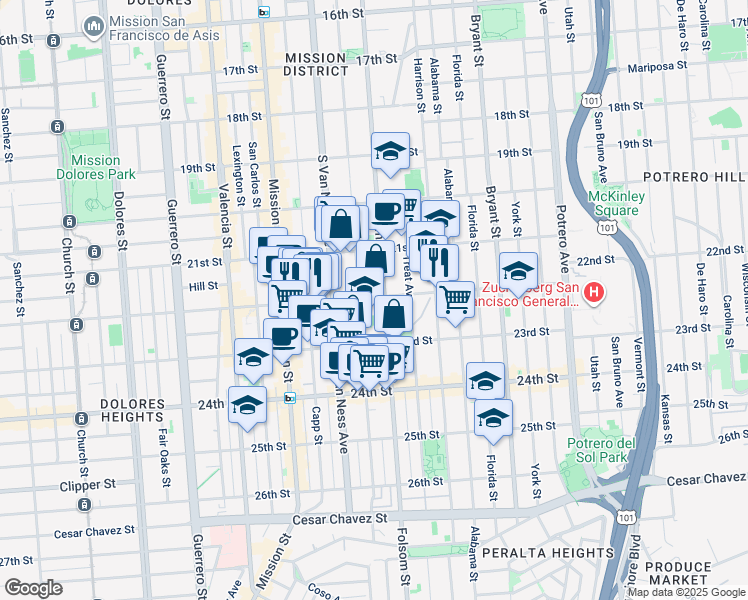 map of restaurants, bars, coffee shops, grocery stores, and more near 3017 22nd Street in San Francisco