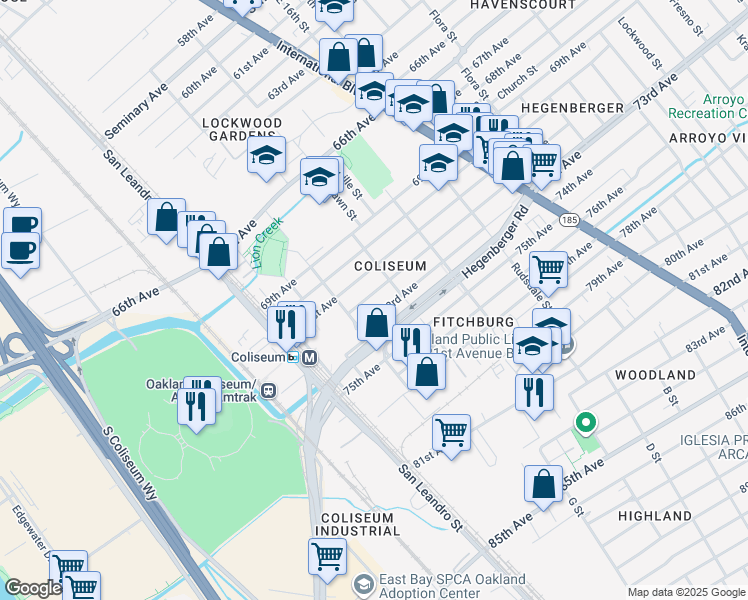 map of restaurants, bars, coffee shops, grocery stores, and more near 950 72nd Avenue in Oakland