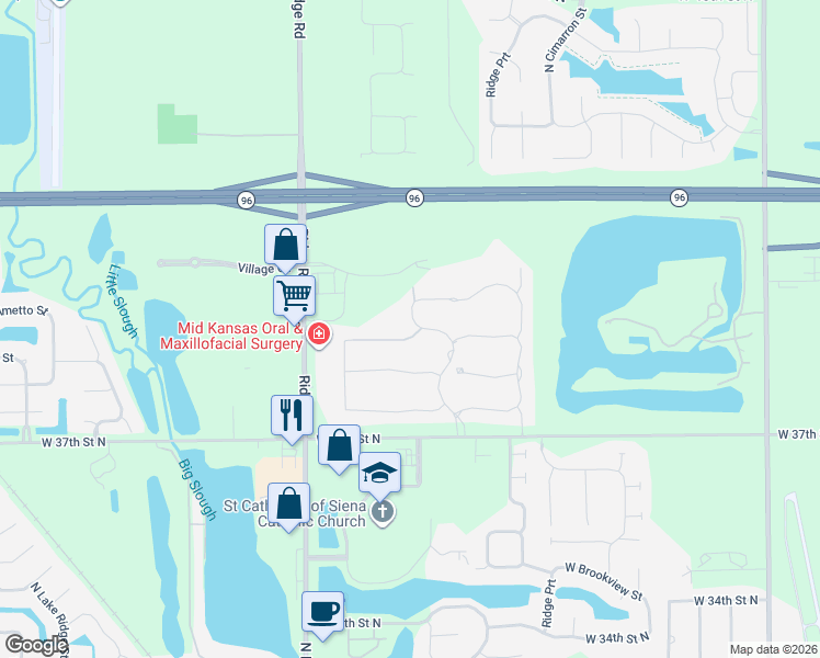 map of restaurants, bars, coffee shops, grocery stores, and more near 4106 North Ridge Road in Wichita