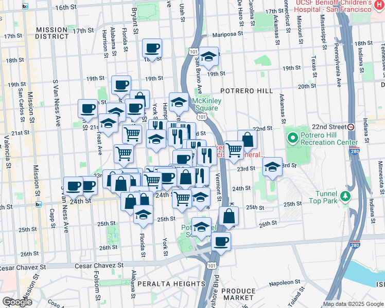 map of restaurants, bars, coffee shops, grocery stores, and more near 1001 Potrero Avenue in San Francisco
