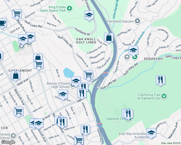 map of restaurants, bars, coffee shops, grocery stores, and more near 9526 Golf Links Road in Oakland