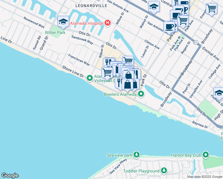 map of restaurants, bars, coffee shops, grocery stores, and more near 2281-2333 Shore Line Drive in Alameda