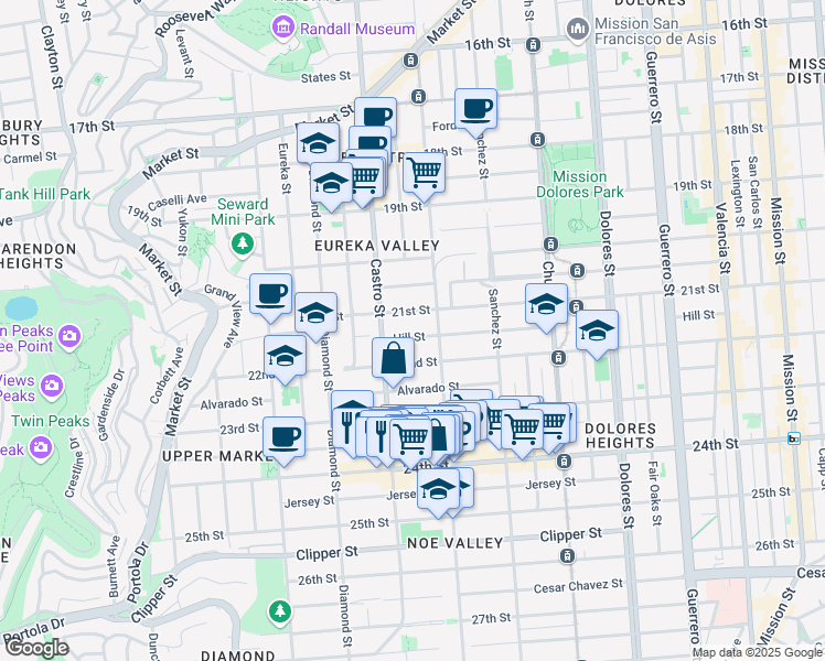 map of restaurants, bars, coffee shops, grocery stores, and more near 832 Noe Street in San Francisco