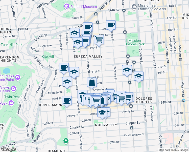 map of restaurants, bars, coffee shops, grocery stores, and more near 832 Noe Street in San Francisco