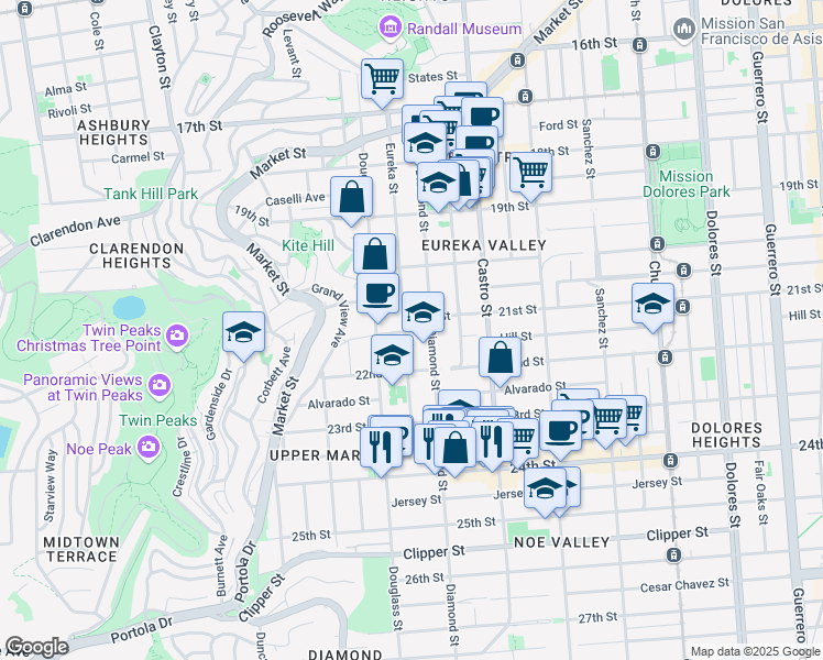 map of restaurants, bars, coffee shops, grocery stores, and more near 453 Eureka Street in San Francisco